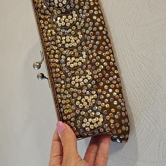 Sequin beaded evening clutch crossbody silver hardware brown iridescent EUC - Picture 4 of 13
